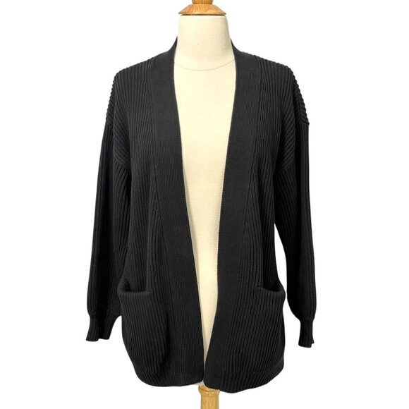 Quince Black Oversized Open Cardigan Sweater 100% Organic Cotton Ribbed Size XS - Picture 1 of 9